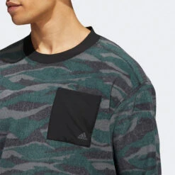 Adidas Texture Print Crew Golf Sweater 12 Adidas Texture Print Crew Golf Sweater -FootJ Golf Club Shop Adidas AW22 Texture Print Crewneck HF6523 SWADI320 Black Grey Six Shadow Green Model 2