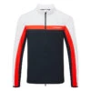 J.Lindeberg Jarvis Full Zip Golf Jacket -FootJ Golf Club Shop J.Lindeberg SS23 Jarvis Mid Layer AMJS07968 6855 SWLIN100 JL NavyWhiteFieryRed Front