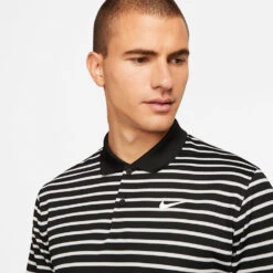 Nike Dry Victory Stripe Golf Polo Shirt -FootJ Golf Club Shop Nike SS22 Dry Victory Stripe Golf Polo Shirt DH0829 010 M Black White model 2