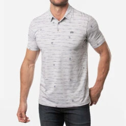 TravisMathew Draggin Anchor Golf Polo Shirt -FootJ Golf Club Shop Travis Mathew SS21 Draggin Anchor Golf Polo Shirt 1MW108 Code SHTRA052 Heather Light Grey Model 1